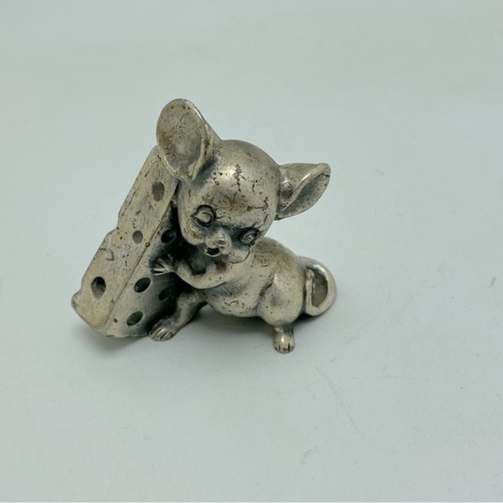 Vintage Peltro Pewter Mouse With Cheese Paperweight